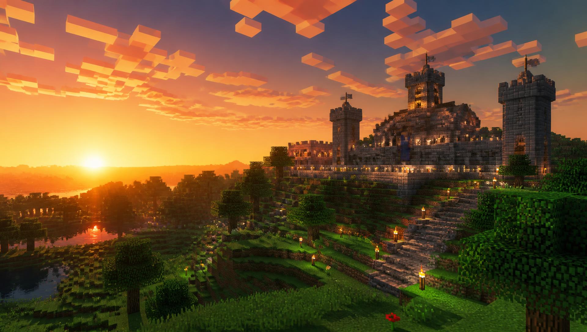 Blocky Minecraft castle at sunset representing the TopHatSMP realm